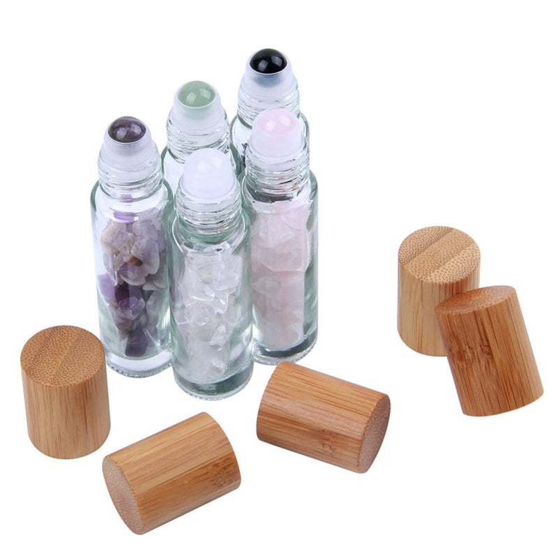 Constore 5 PCS 10ML Gemstone Roller Bottles,Refillable Roll On Bottles with Bamboo Lids Healing Crystal Chips Inside for Perfumes Aromatherapy Oils - Image 4